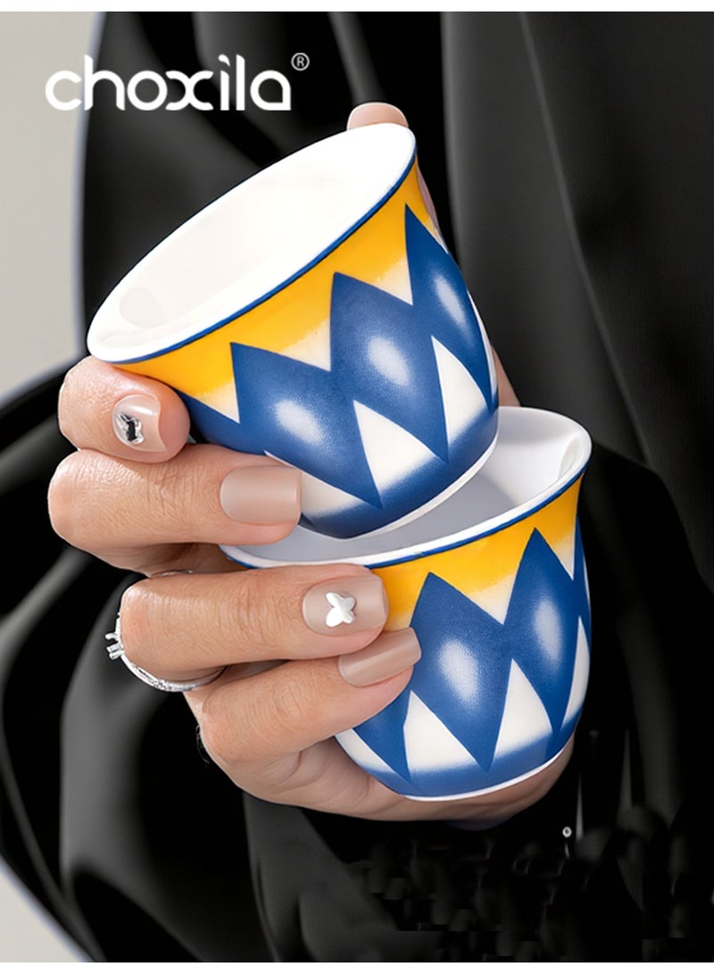 choxila 6pcs/set Finjān Cups, Traditional Pattern Porcelain Arabic Coffee Cawa Cup, 70ml Mini Ceramic Coffee Cups, Middle Eastern Style Geometric Pattern Coffee Mugs, Saudi Style Tea Cups, for Ramadan/Party/Wedding/Camping, Ramadan Gifts - Image 2